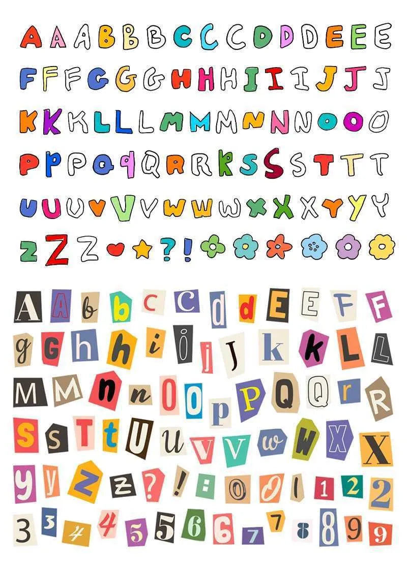 Pack of decorative stickers showing printed English alphabet letters and weekday words in a cute style for crafts.