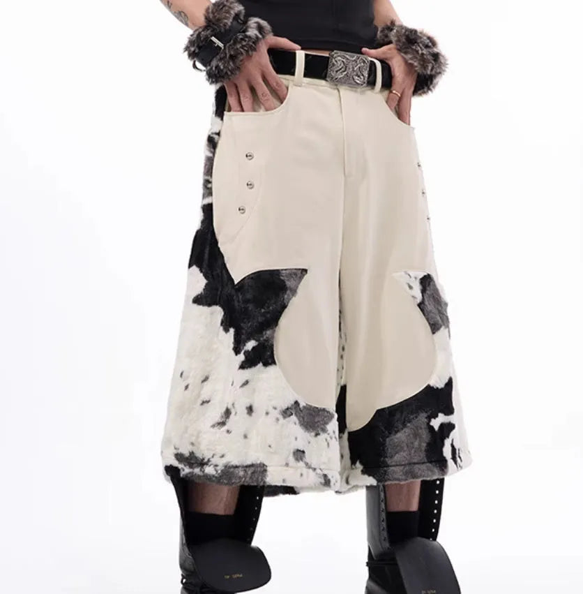 Milk fibre cropped trousers with stitching detail and fur trim in youthful trendy style