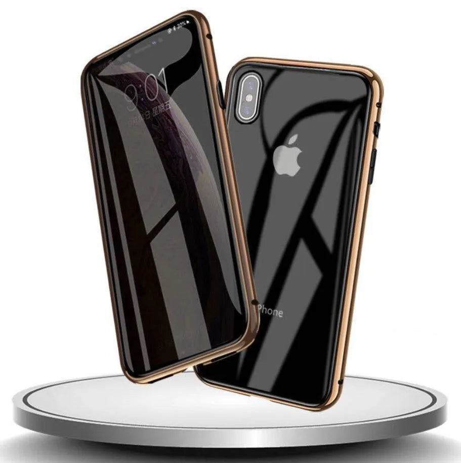 A closed clamshell phone case in blue glass with a geometric pattern, next to an iPhone showing the narrow viewing angle when open.