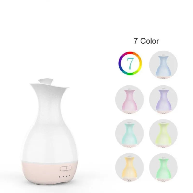 White or pink ultrasonic aromatherapy vase diffuser with 200ml capacity and colourful LED night light