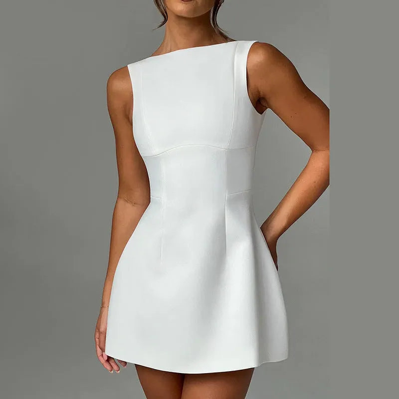 A sling-style backless short summer dress with a high waist, shown in a selected colour.