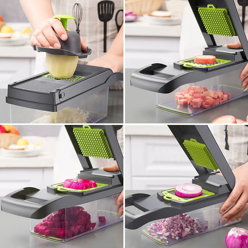 Multifunctional vegetable cutter with 7 stainless steel blades on a kitchen countertop