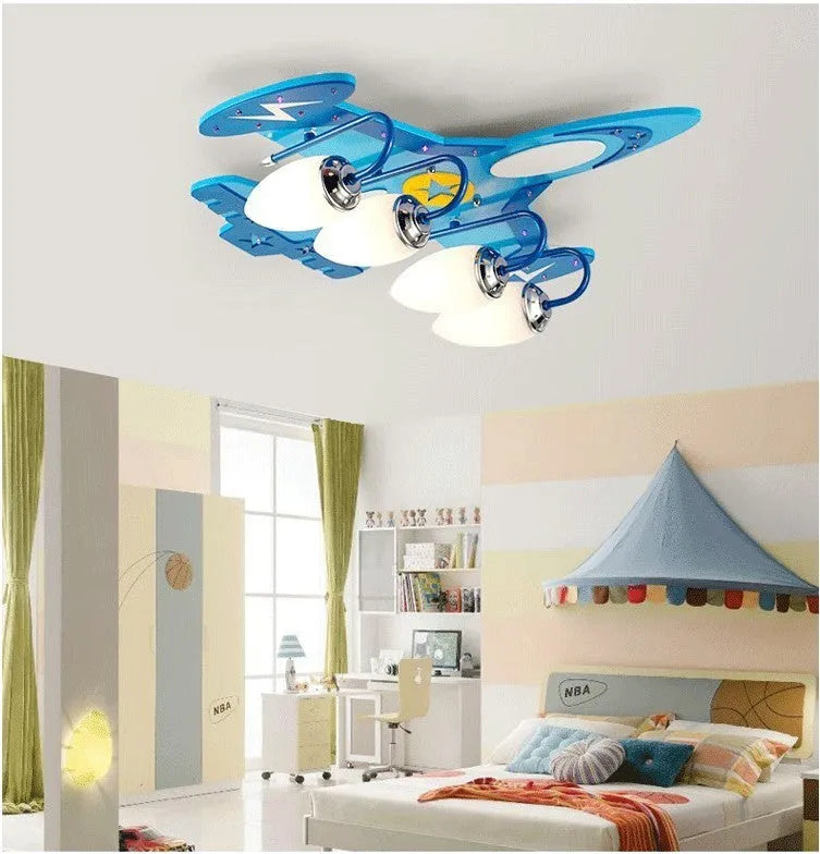 Children's wooden airplane cartoon LED ceiling light with rectangular glass shade