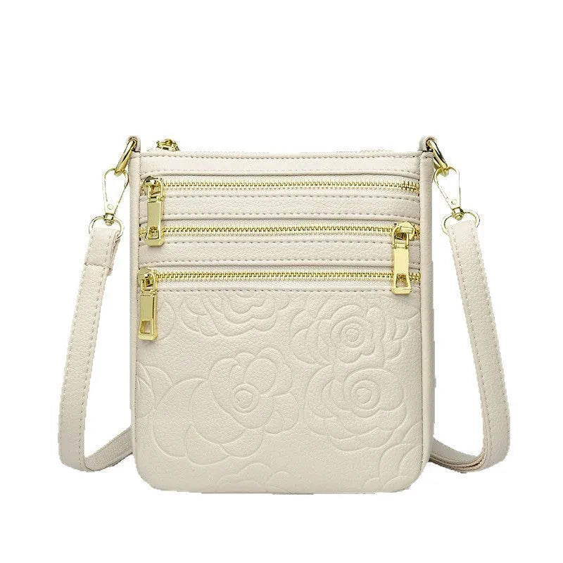 Five-layer soft PU leather embossed shoulder crossbody bag in beige, horizontal square shape, double-jointed strap