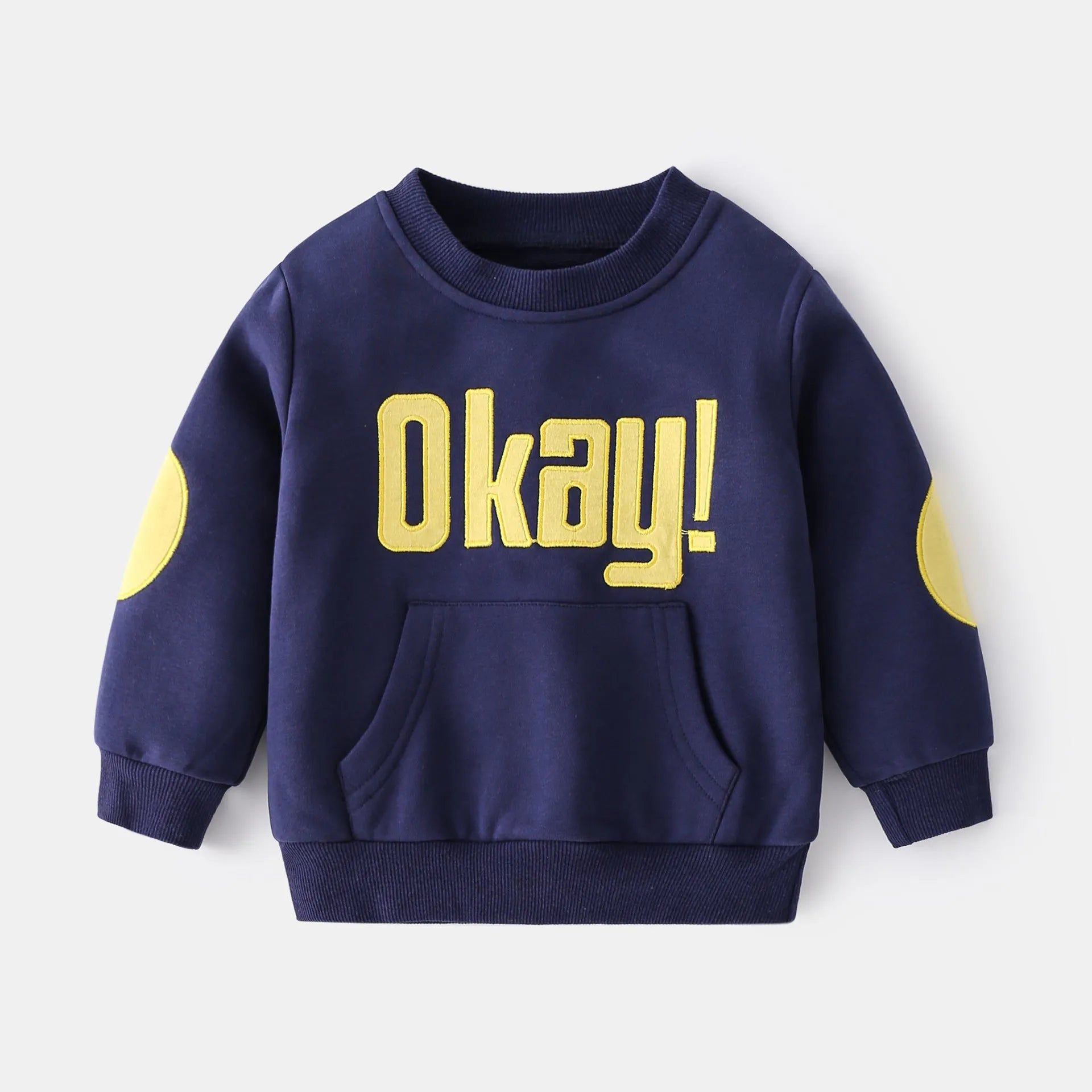 Casual boys cotton pullover sweatshirt with English print in navy blue on child model
