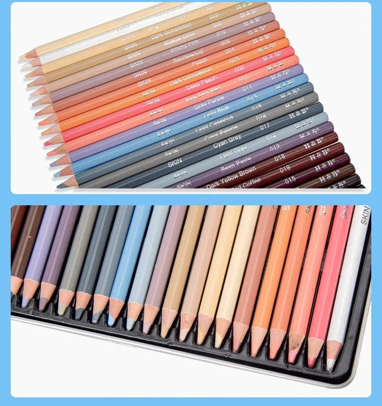 Set of 24 skin colour portrait pencils in an iron box round brush pot.