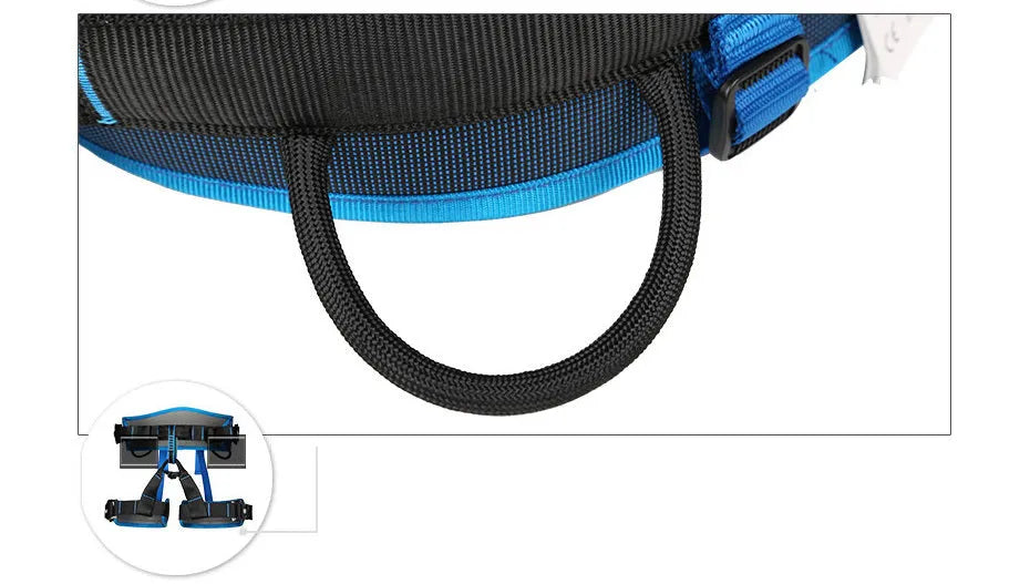 Outdoor climbing belt in orange with adjustable waist and leg rings made from polyester reinforced yarn