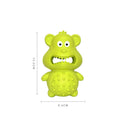 Green and yellow natural rubber squeaky dog toy with treat-fillable hole.