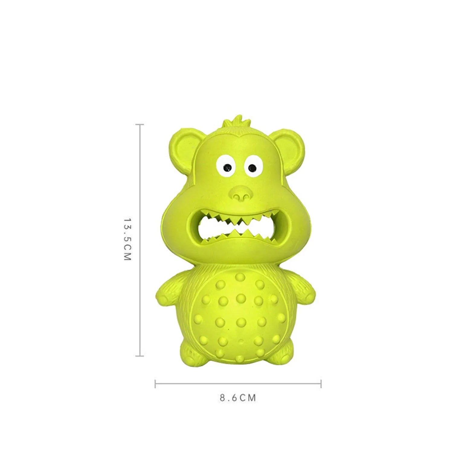 Green and yellow natural rubber squeaky dog toy with treat-fillable hole.