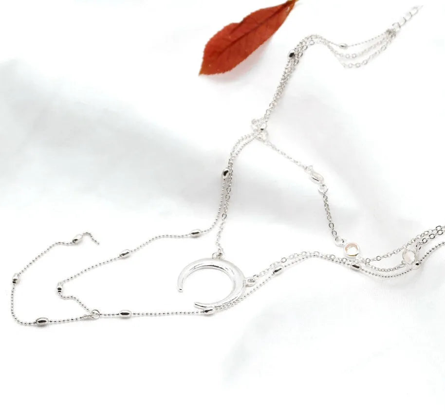 Fashion multilayer crescent moon choker necklace with bead chain initial pendant in gold finish