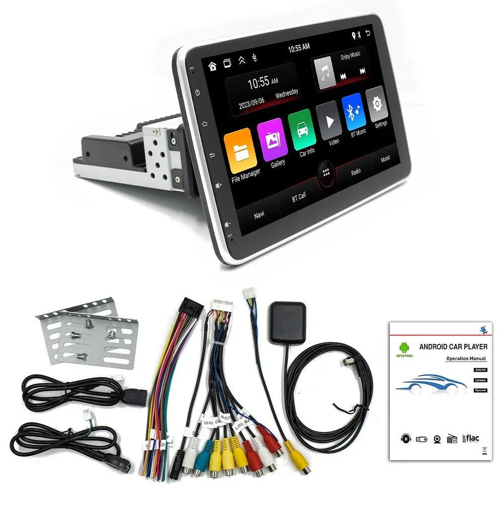 10.1 inch Android car stereo with rotating LED screen, Bluetooth control, and 1024x600 resolution.