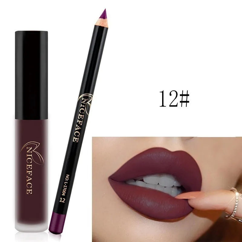 Matte lip gloss 5g and soft lip pencil 0.8g set in 12 colours with non-stick cup finish