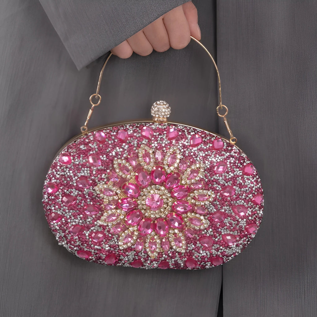 Gold hardware and rhinestone banquet handbag with structured retro design measuring 20cm wide