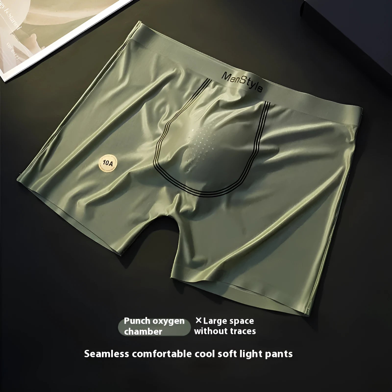Men's seamless satin ice silk nylon boxers in mid waist cut, showing single-layer crotch detail.