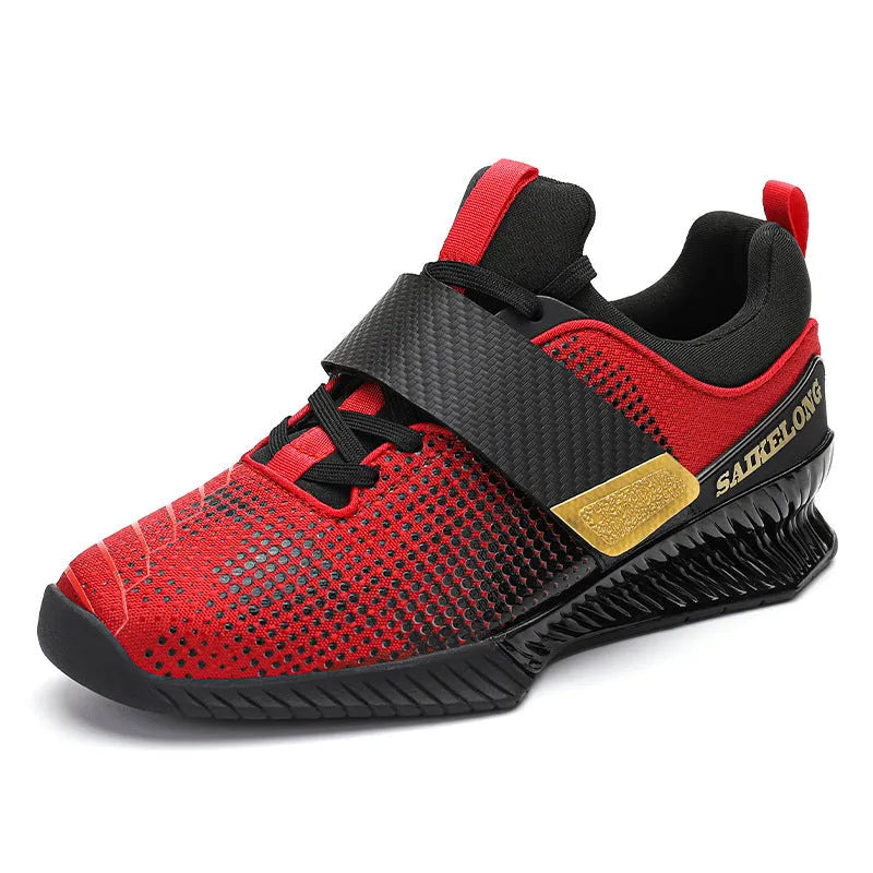 Pair of unisex weightlifting shoes with breathable Oxford cloth upper and non-slip rubber TPU sole, in red or dark blue.