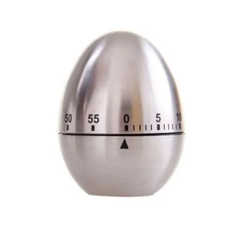 Stainless steel mechanical kitchen timer with egg shape design showing dial and measurement scale