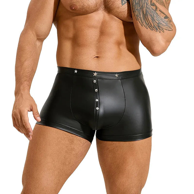Men's black PU leather boxer shorts with pouch front design on mannequin
