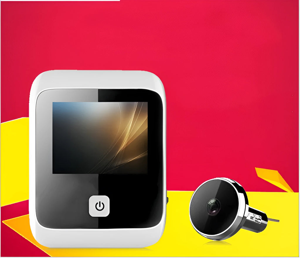 White peephole camera video doorbell with 960 x 480mm display, powered by 4 AAA dry batteries, for door viewing.