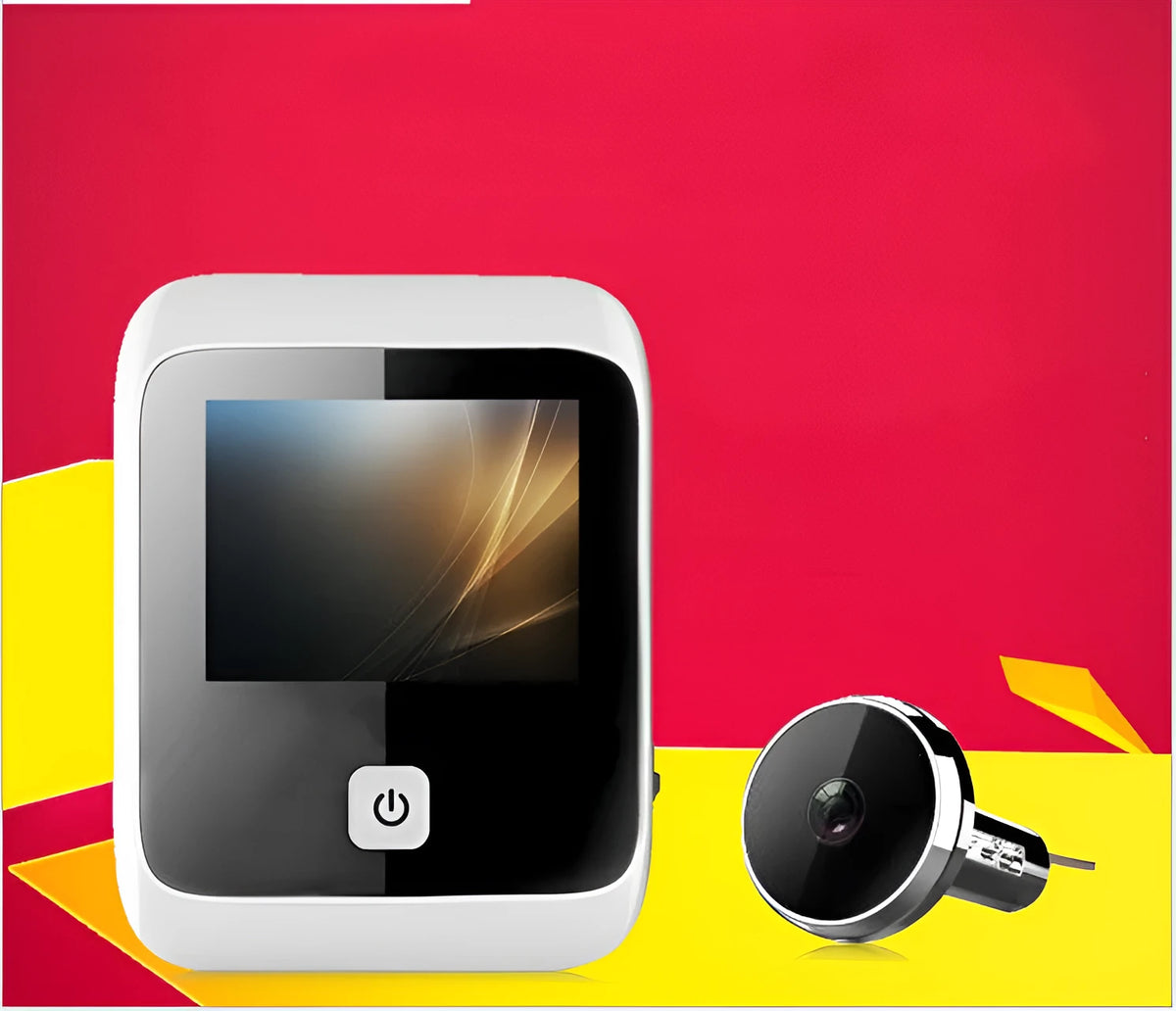 White peephole camera video doorbell with 960 x 480mm display, powered by 4 AAA dry batteries, for door viewing.