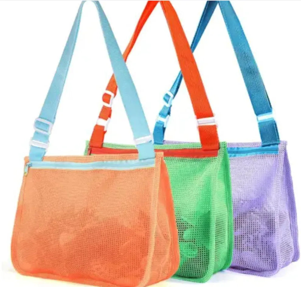 Blue nylon mesh travel storage bag with zip closure for children's toys and clothes