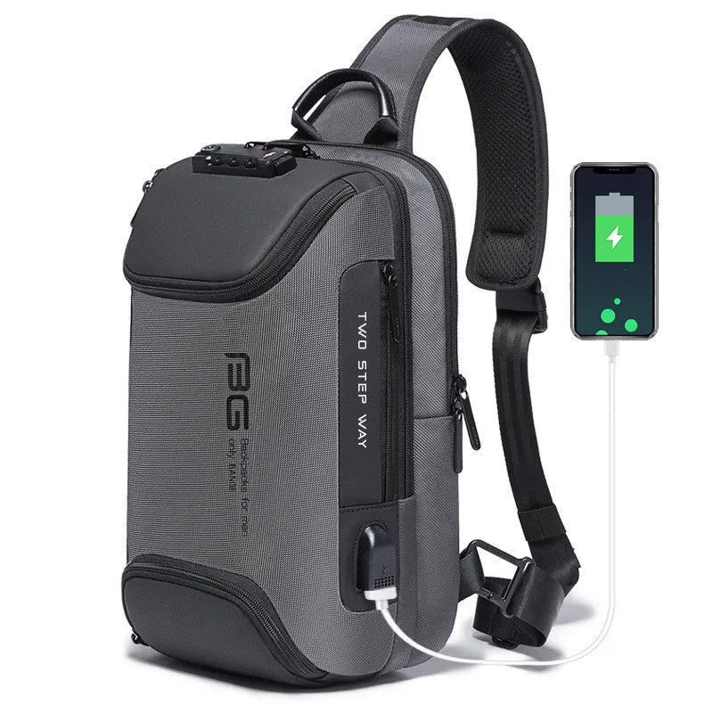 Men's Oxford cloth waist chest bag in black or grey, 21x12x35cm, with main bag, IPAD bag and compartment bag