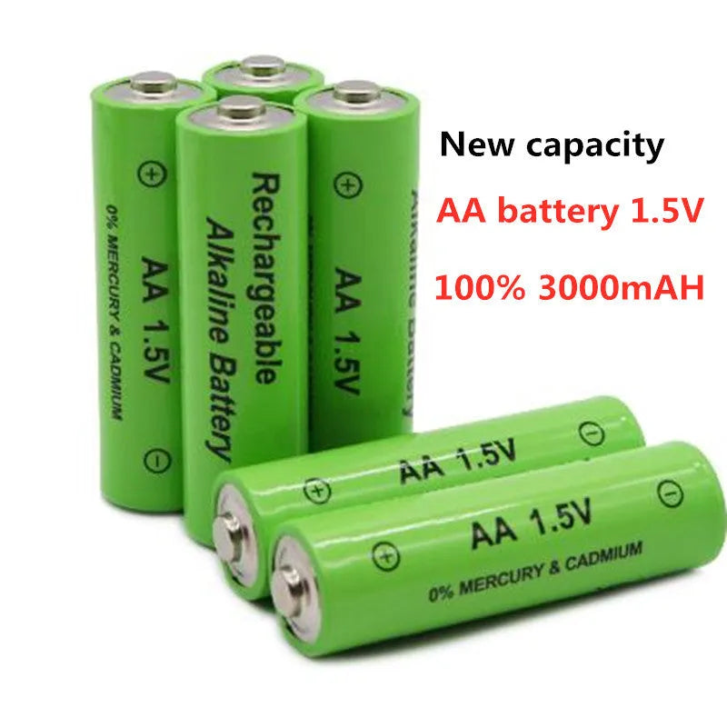 Pack of green AA alkaline rechargeable batteries labelled 3000mAh 1.5V.