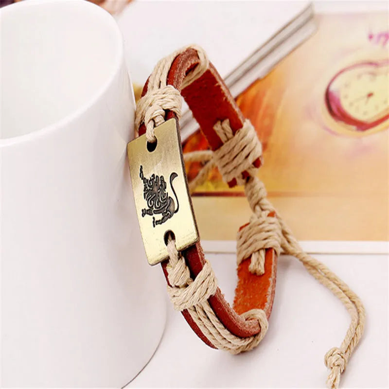 12 constellation alloy bracelet set with copper leather and braided hemp rope on a neutral background