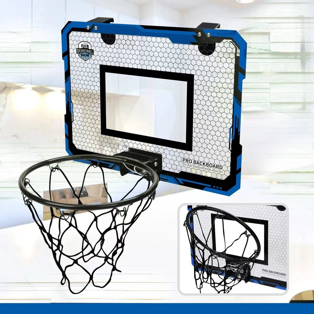 Red and blue folding basketball frame with suction cups, shown in dunking and scoring positions.