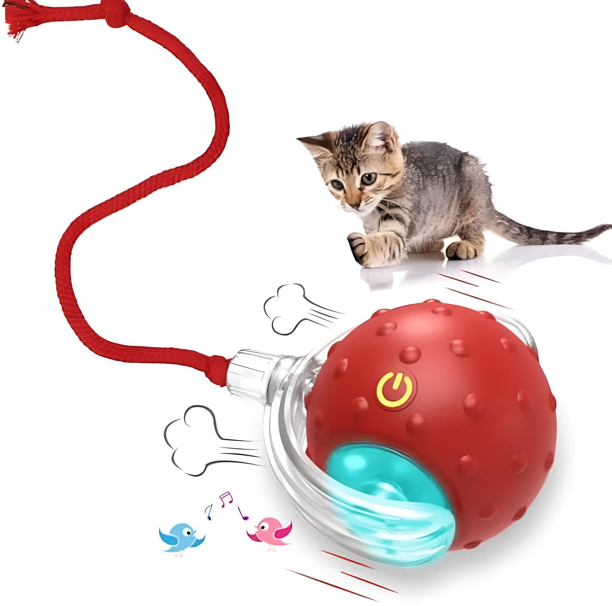 Red plastic interactive cat toy with motion activated chirping rolling on carpet for kittens
