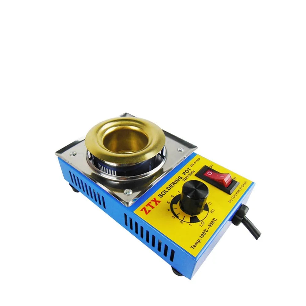 A desktop thermostat-controlled tin melting furnace with adjustable temperature dial.