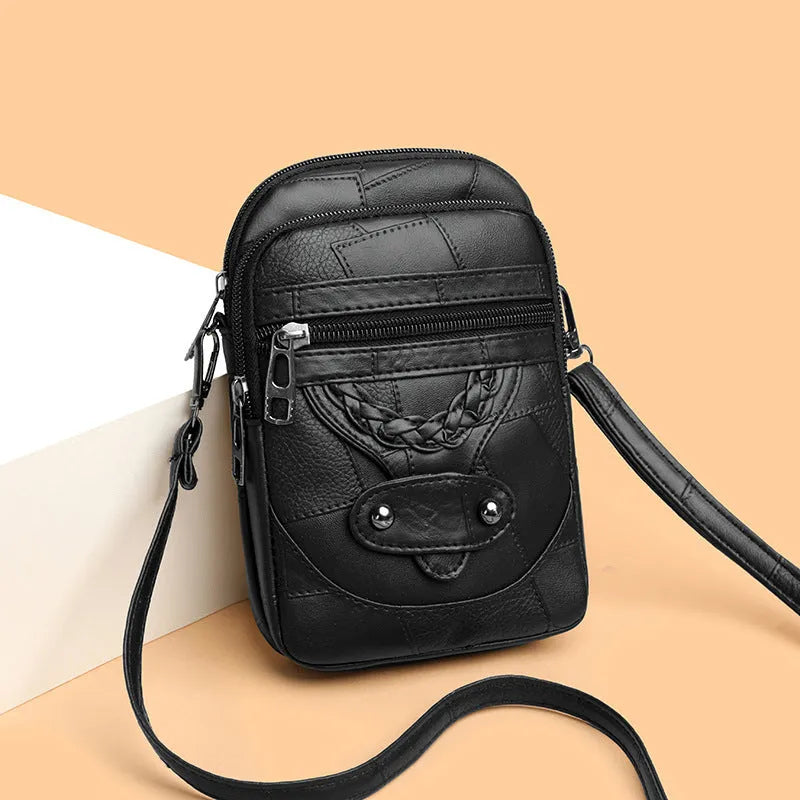 Retro style mobile phone bag in soft PU leather with weaving patterns and rivet detailing in four colour options