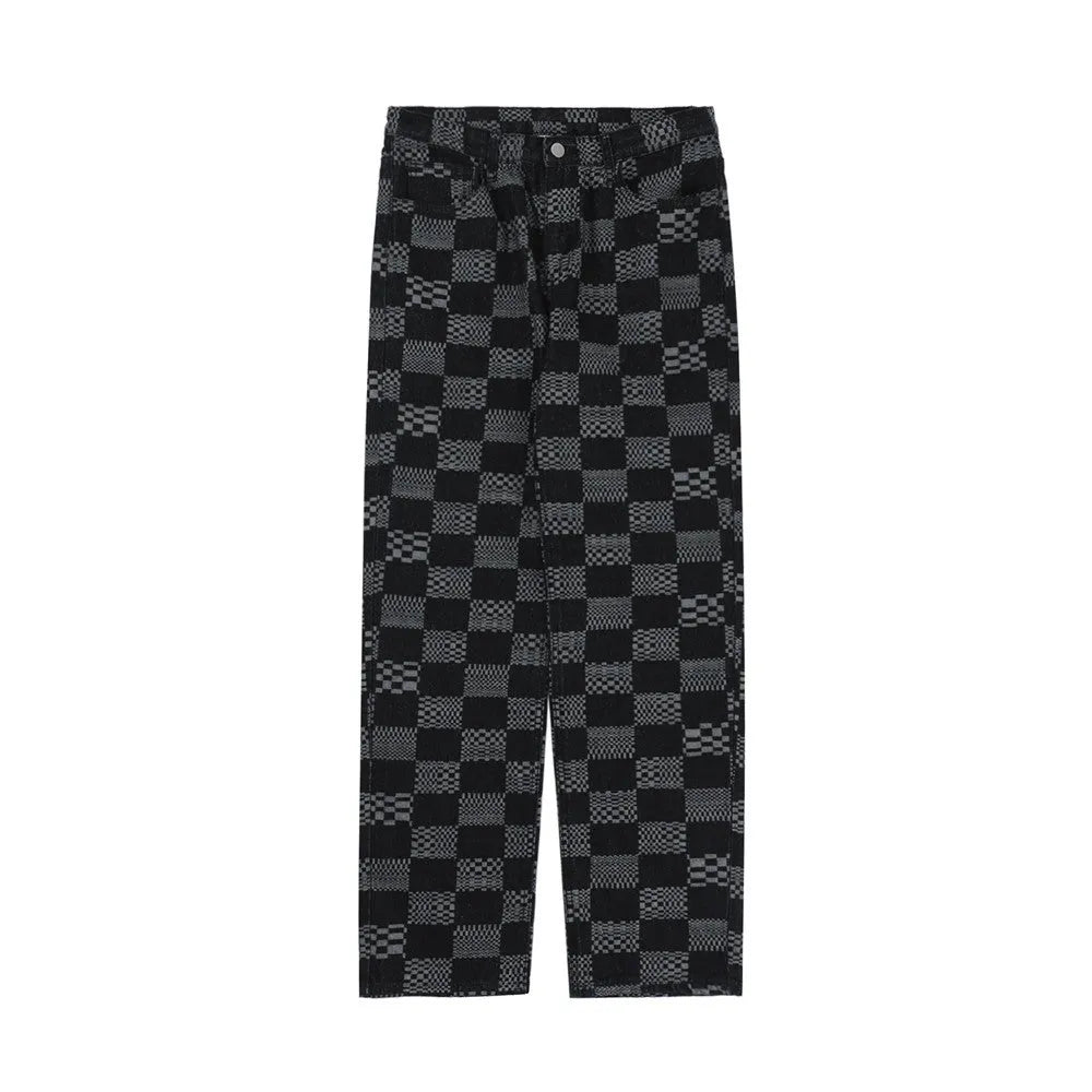 Fashion checkerboard jacquard jeans for men, straight loose fit cotton, black colour, size S to XL