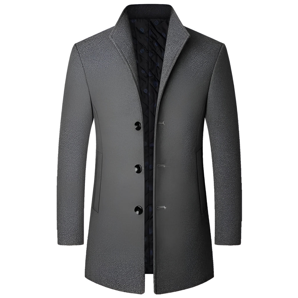 Men's casual woolen coat in solid colour, light business style, front view, available in multiple sizes and colours.