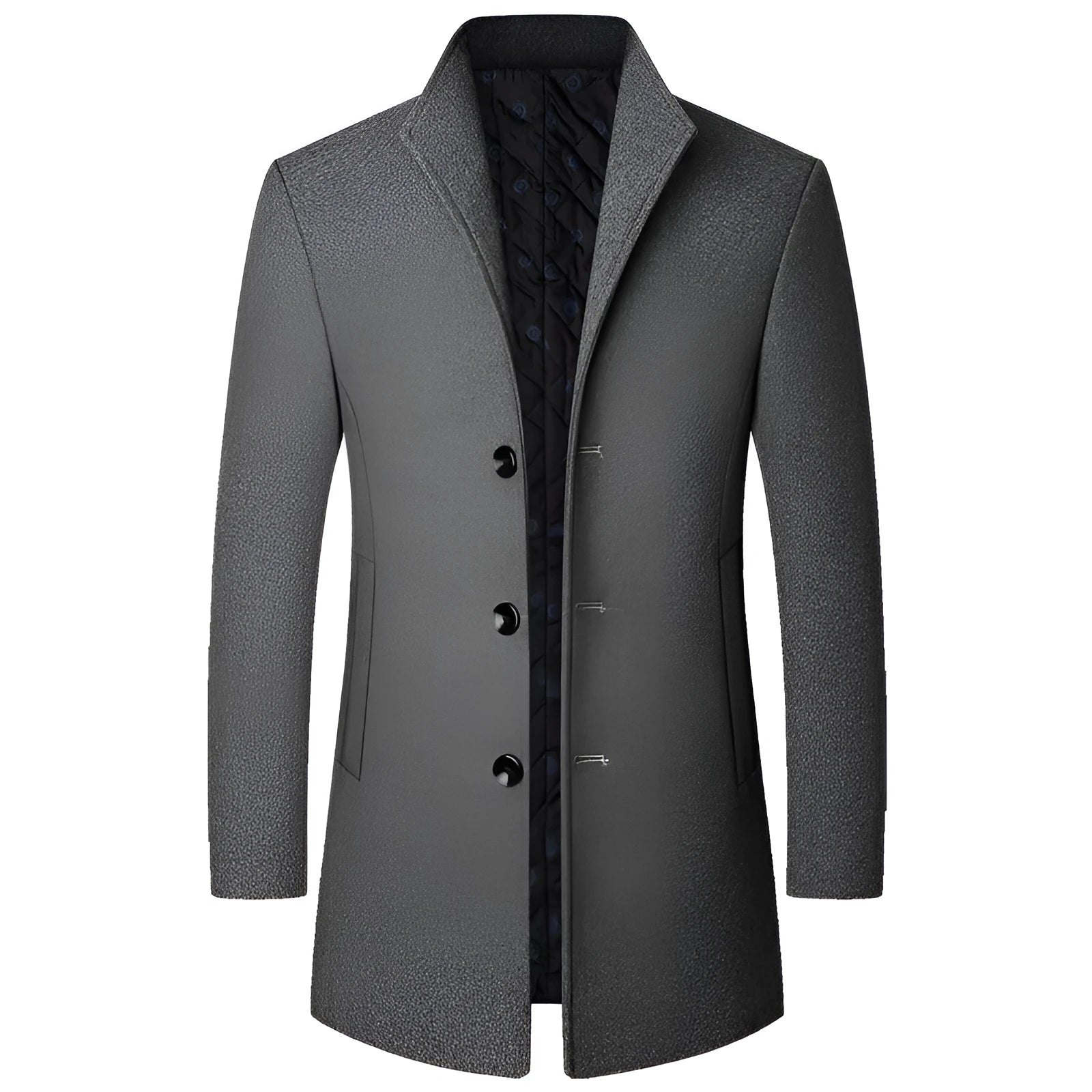 Men's casual woolen coat in solid colour, light business style, front view, available in multiple sizes and colours.