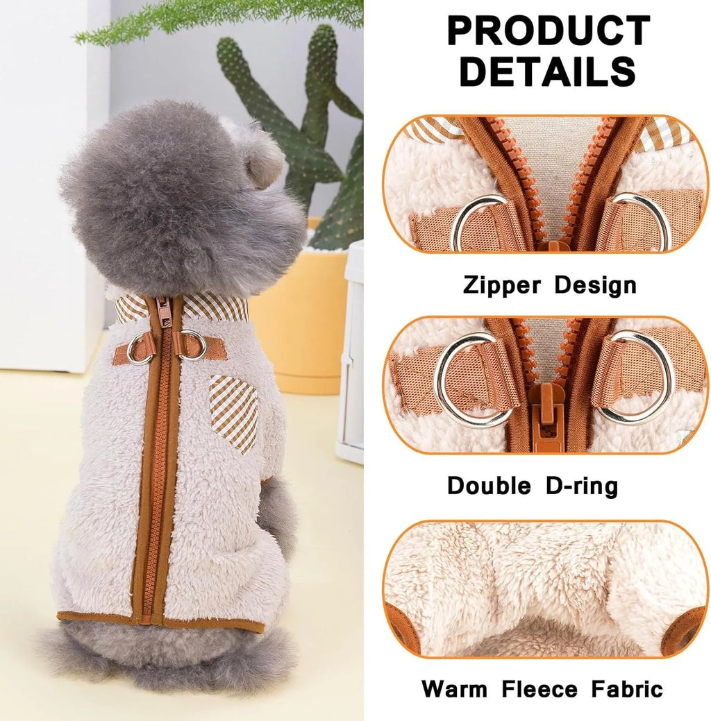 Small dog wearing green fleece coat with back zipper and D-rings, four-legged jumpsuit style