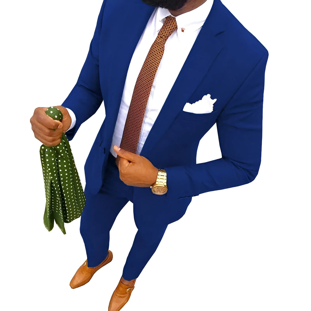Classic men's cotton suit jacket and trousers on a hanger, available in multiple solid colours.