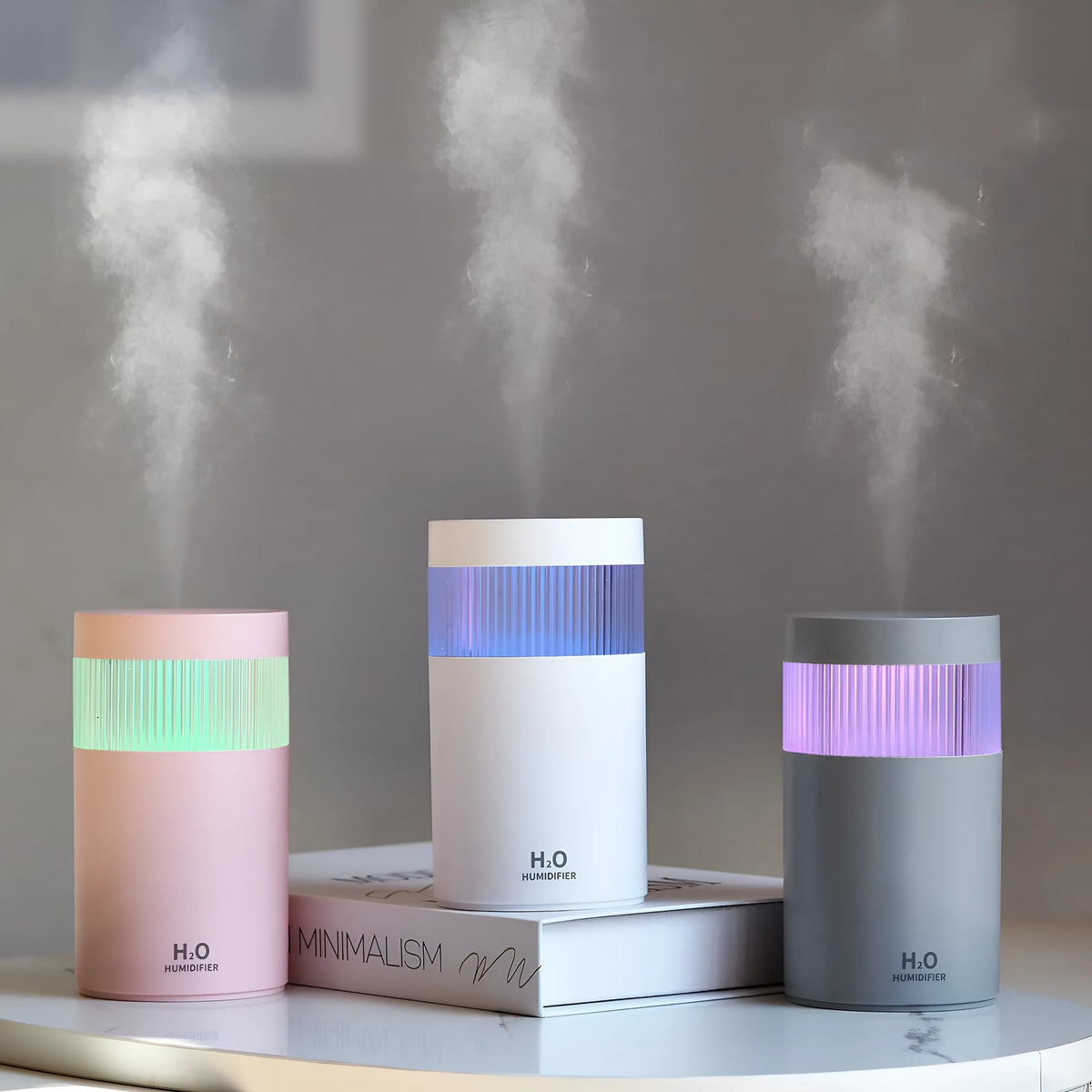Mini USB humidifier 300ml in grey, pink or white, 73x73x132mm, with USB cable and sponge rod