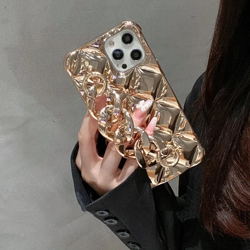 Diamond gold silicone phone case with golden chain for iPhone, front and back view