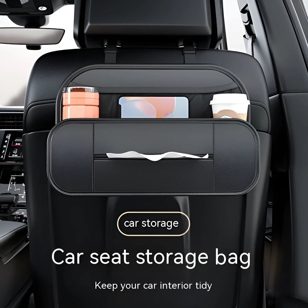 Black leather car seat storage bag with customisable compartments mounted on vehicle seatback
