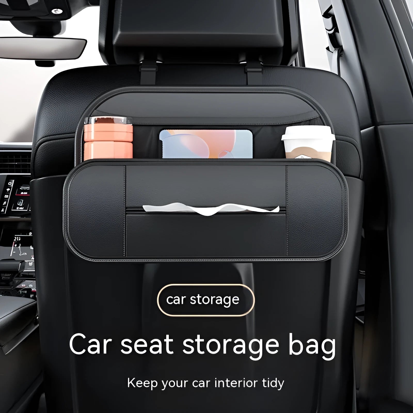 Black leather car seat storage bag with customisable compartments mounted on vehicle seatback