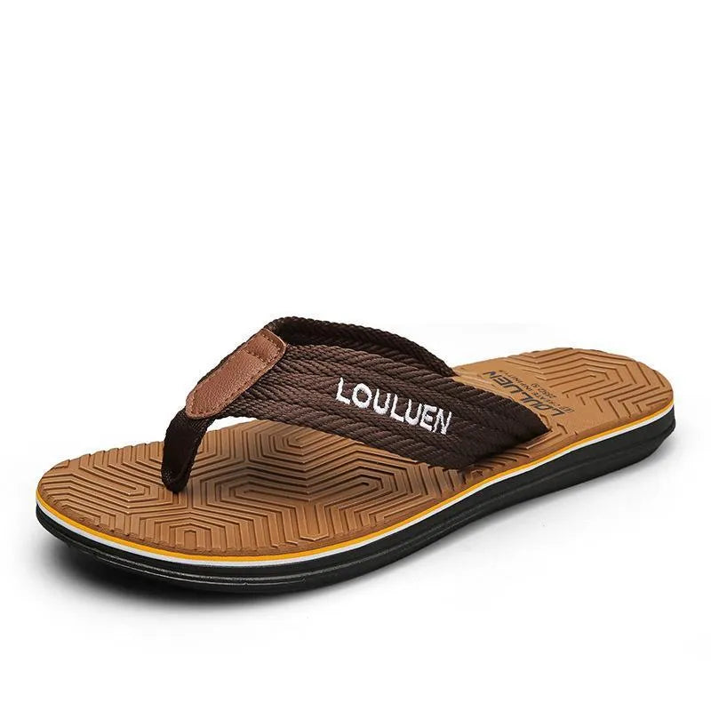 Men's black flip flops with EVA foam upper and textured PVC sole, shown on a neutral background.