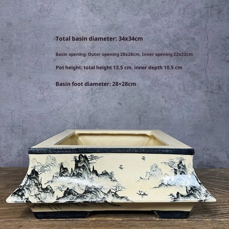 Handmade glazed ceramic flower pot with blue and white hand drawn Chinese style pattern, 34cm size