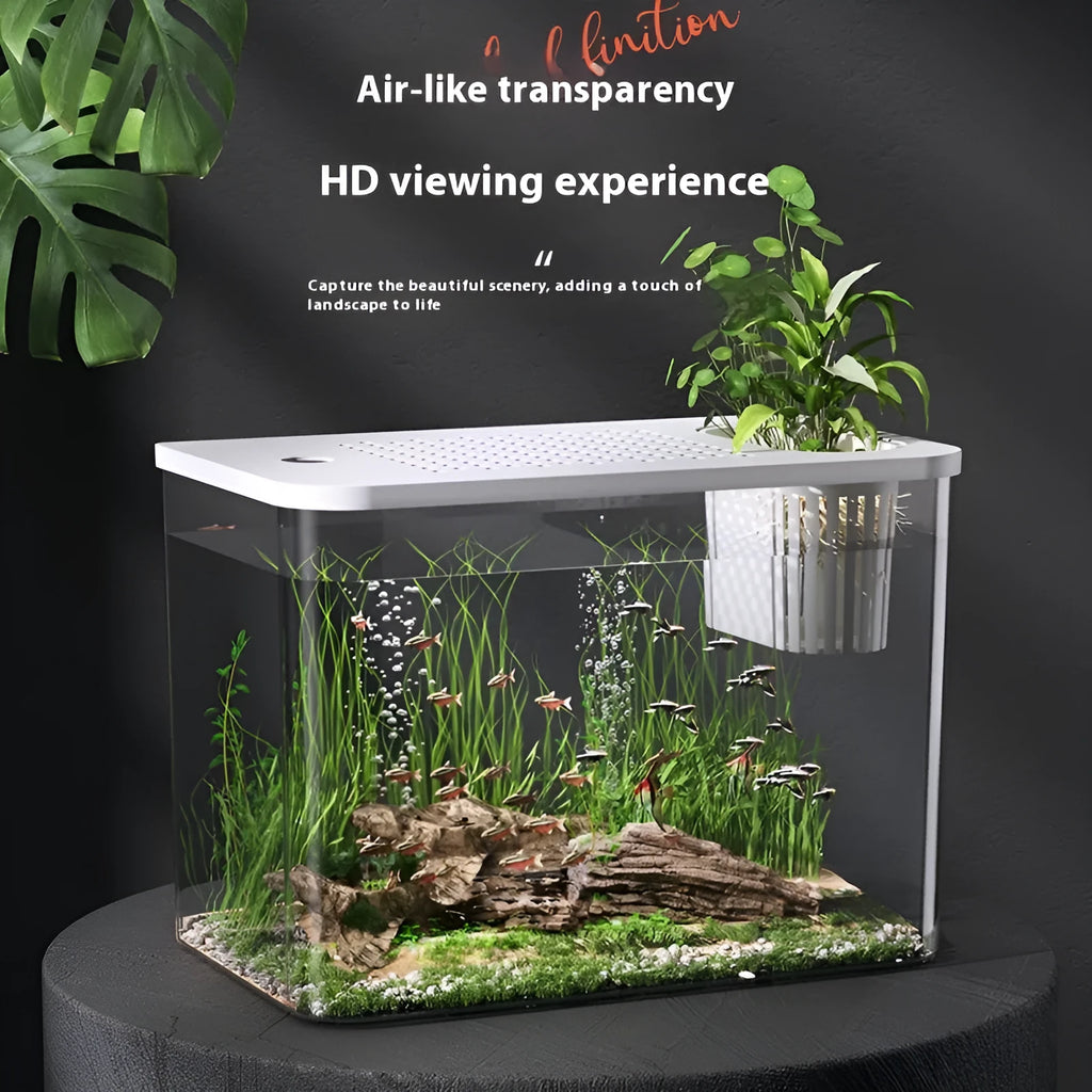 Black and white mini betta fish tank with clear plastic lid, dimensions 32cm wide by 23cm tall.
