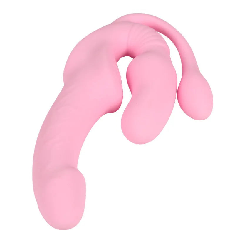 Pink double-headed dragon silicone dildo with remote control and three shock modes, wearable adult product