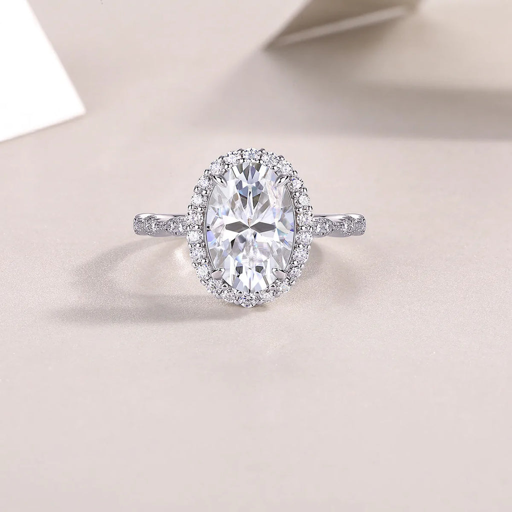 Moonlight Pupil egg-shaped moissanite wedding ring set on platinum-plated S925 silver band with gift box and GRA certificate