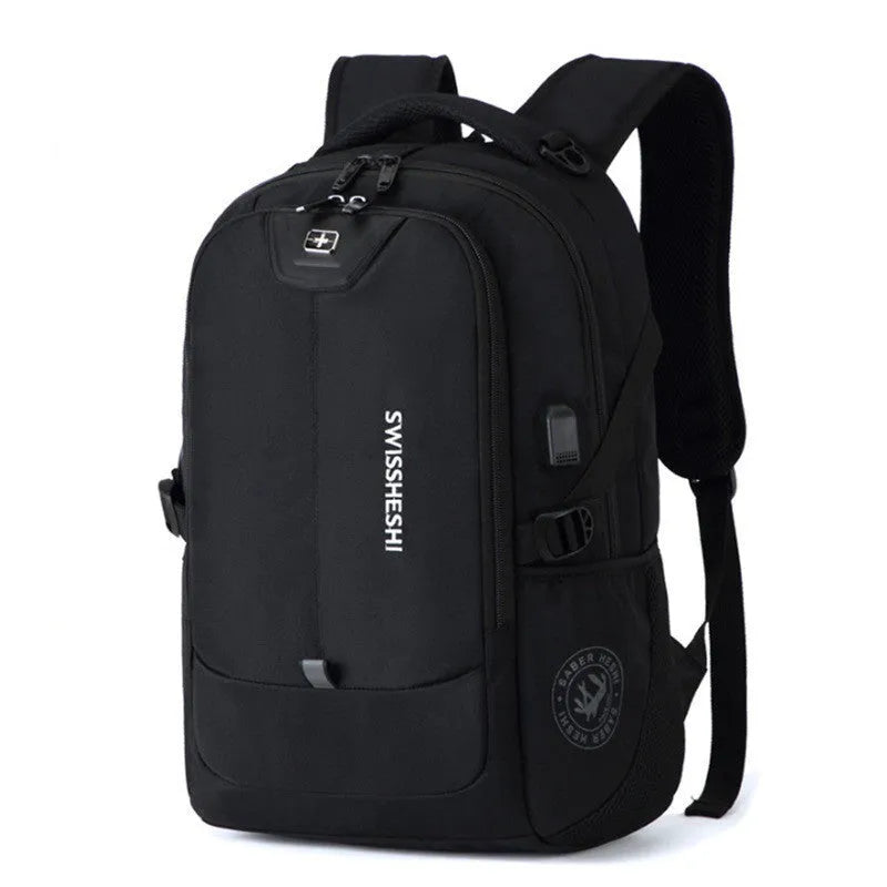 Army Knife black backpack with zipper opening, computer insert bag, and multiple internal pockets for travel