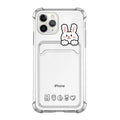 Clear cartoon-design TPU phone case with a card slot, shown next to an iPhone.