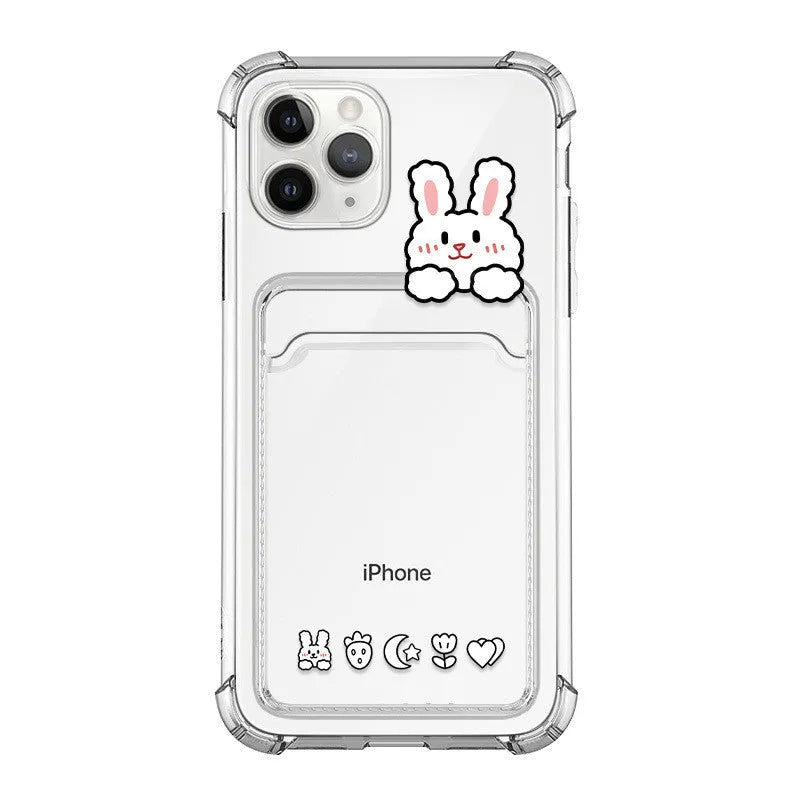 Transparent cartoon design TPU phone case with card holder slot for Apple iPhone.