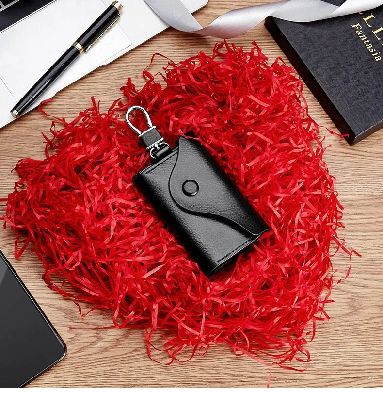 Men's genuine leather keycard holder with key fob in square Korean-style design