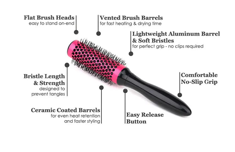 Set of six ceramic hair styling brushes in assorted colours with detachable handle and PVC carry bag